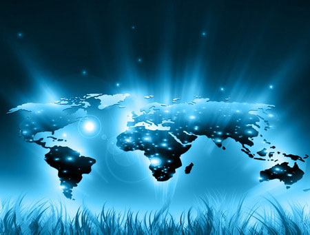 Obrazek przedstawia mapę świata na tle technologicznych, świecących lini. Symbole Internetu, radia, telewizji, telefonii komórkowej i satelitarnej łączności.
